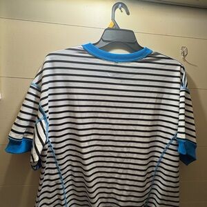 Striped White & Black Women’s Tee with Blue Trim